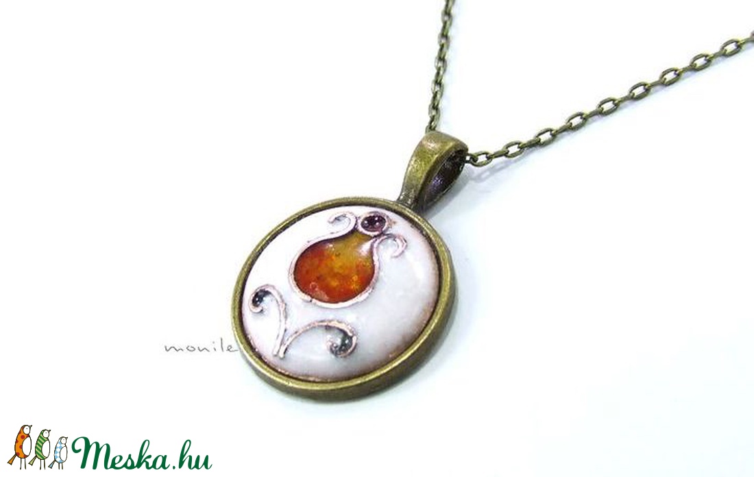 Virágos fehér-narancs tűzzománc nyaklánc -  - Meska.hu