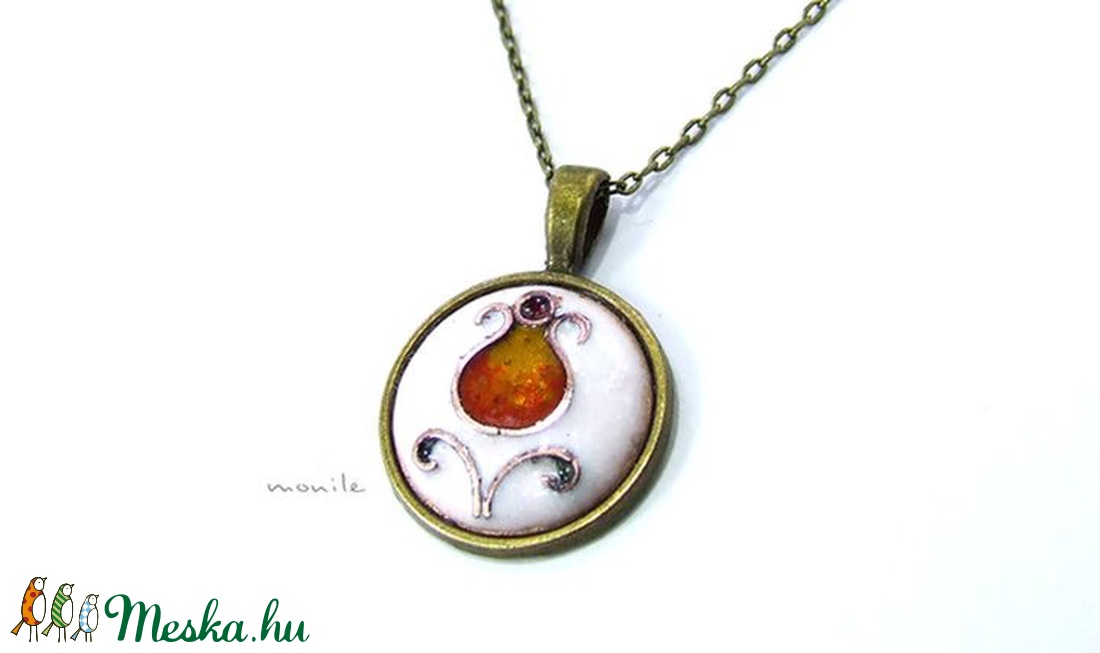 Virágos fehér-narancs tűzzománc nyaklánc -  - Meska.hu