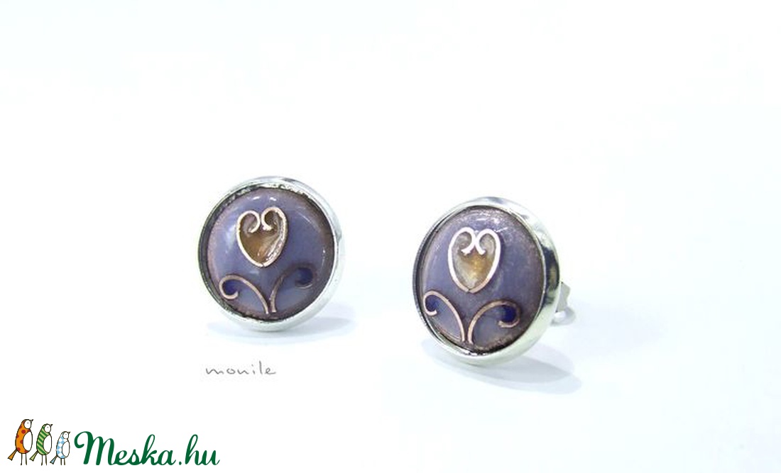 Bedugós tűzzománc fülbevaló - tulipános levendulakék-barna - ékszer - fülbevaló - pötty fülbevaló - Meska.hu