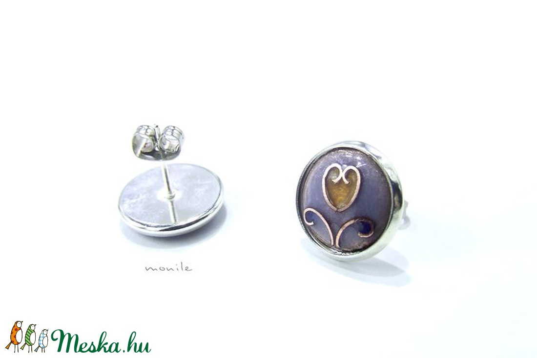 Bedugós tűzzománc fülbevaló - tulipános levendulakék-barna - ékszer - fülbevaló - pötty fülbevaló - Meska.hu