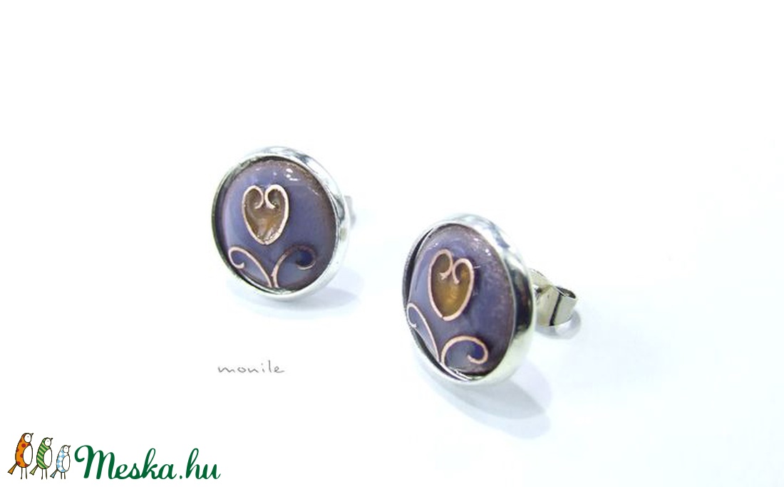 Bedugós tűzzománc fülbevaló - tulipános levendulakék-barna - ékszer - fülbevaló - pötty fülbevaló - Meska.hu