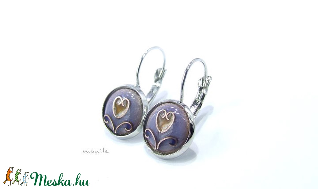 Tűzzománc fülbevaló (kicsi) - tulipános levendulakék-barna - ékszer - fülbevaló - lógó fülbevaló - Meska.hu