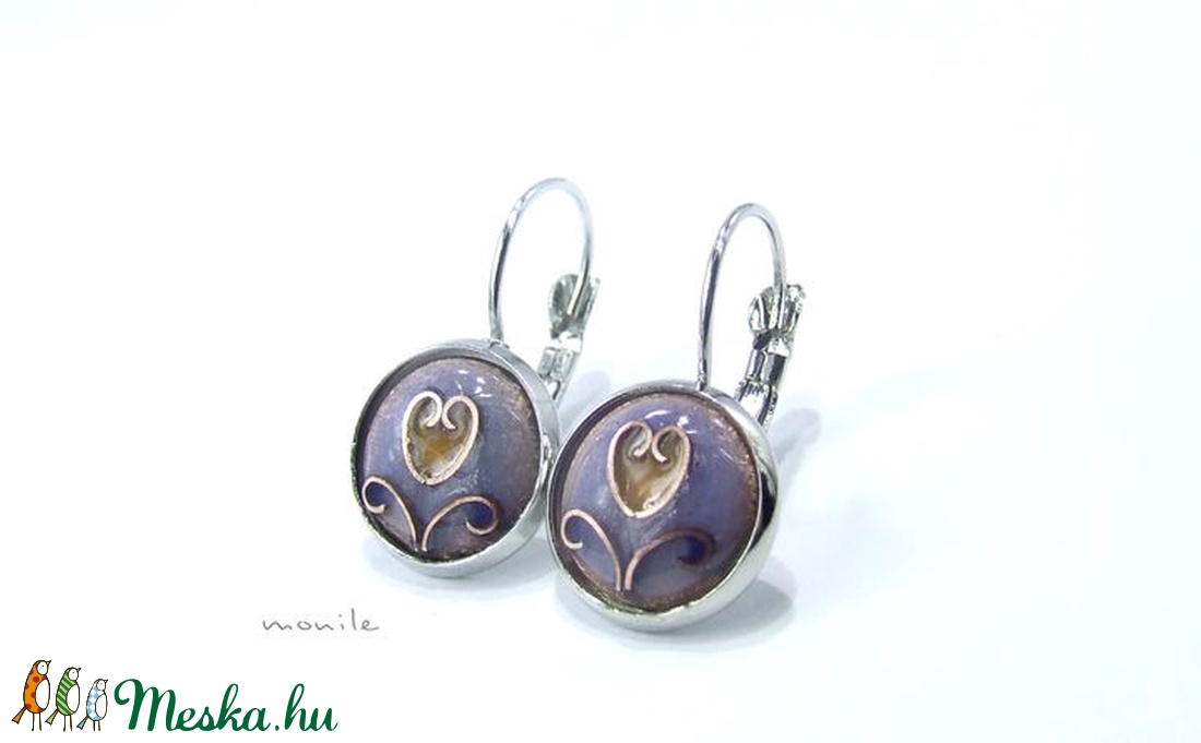 Tűzzománc fülbevaló (kicsi) - tulipános levendulakék-barna - ékszer - fülbevaló - lógó fülbevaló - Meska.hu