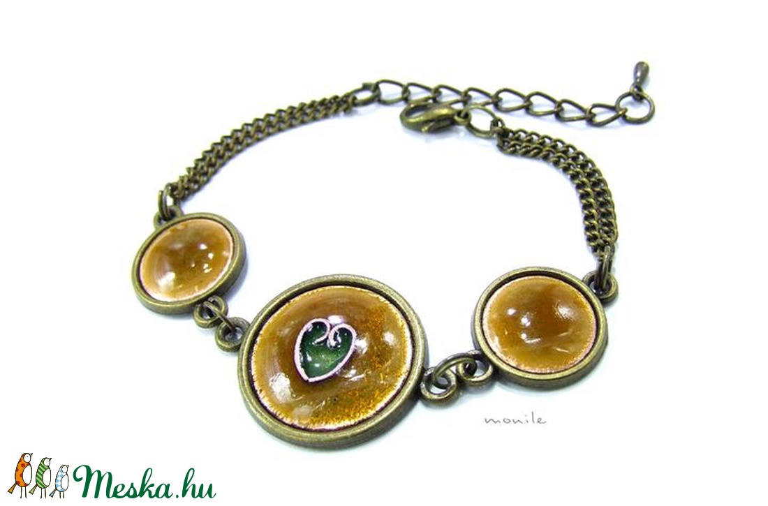 Szíves mustársárga-zöld tűzzománc karkötő - ékszer - karkötő - lánc karkötő - Meska.hu