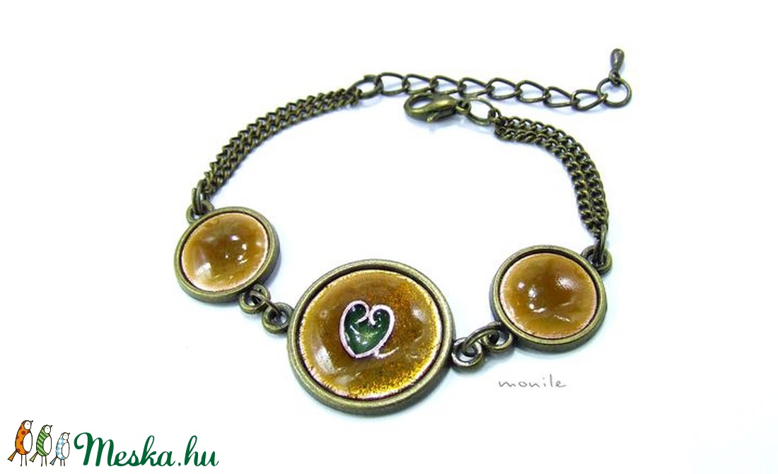 Szíves mustársárga-zöld tűzzománc karkötő - ékszer - karkötő - lánc karkötő - Meska.hu