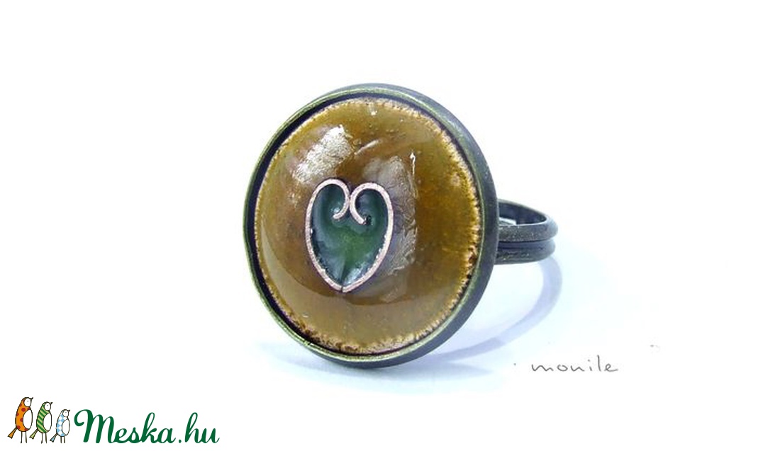 Szíves mustársárga-zöld tűzzománc gyűrű - ékszer - gyűrű - szoliter gyűrű - Meska.hu