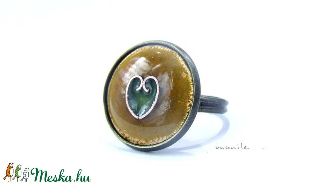 Szíves mustársárga-zöld tűzzománc gyűrű - ékszer - gyűrű - szoliter gyűrű - Meska.hu