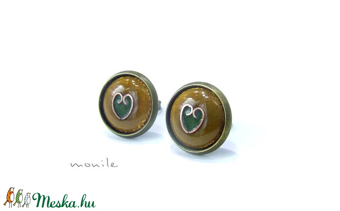 Bedugós tűzzománc fülbevaló - szíves mustársárga-zöld - ékszer - fülbevaló - pötty fülbevaló - Meska.hu