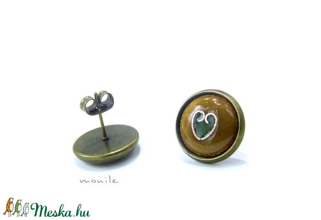 Bedugós tűzzománc fülbevaló - szíves mustársárga-zöld - ékszer - fülbevaló - pötty fülbevaló - Meska.hu