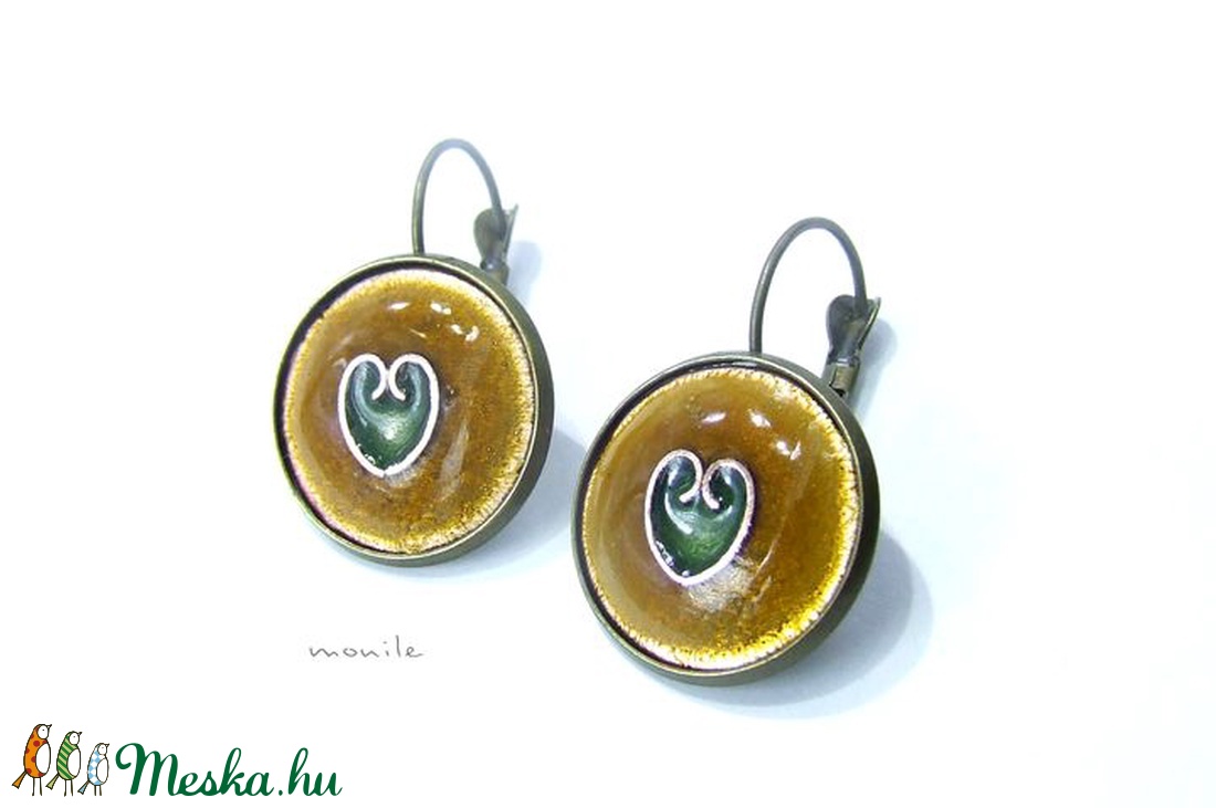 Szives mustársárga-zöld tűzzománc fülbevaló - ékszer - fülbevaló - lógó fülbevaló - Meska.hu