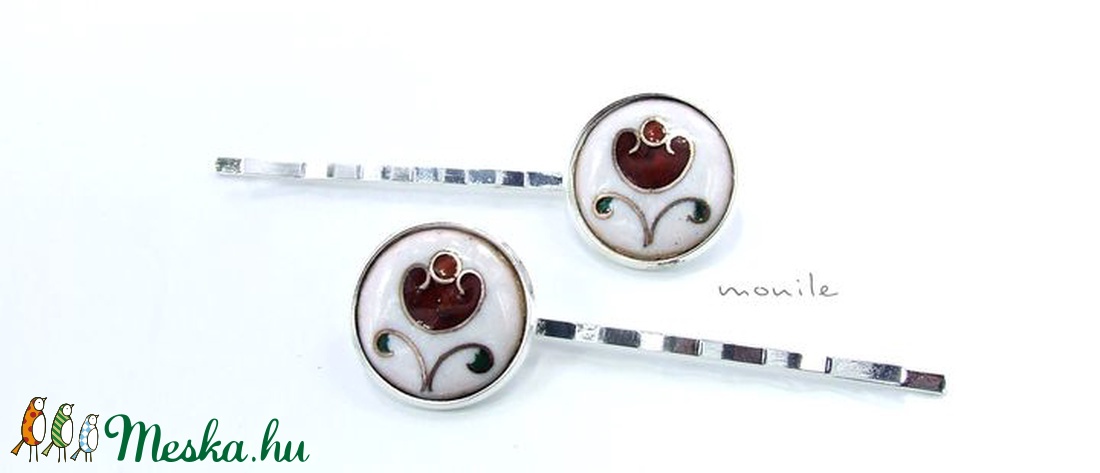 Virágos fehér-piros tűzzománc hajcsat - ruha & divat - hajdísz & hajcsat - hajcsat & hajtű - Meska.hu