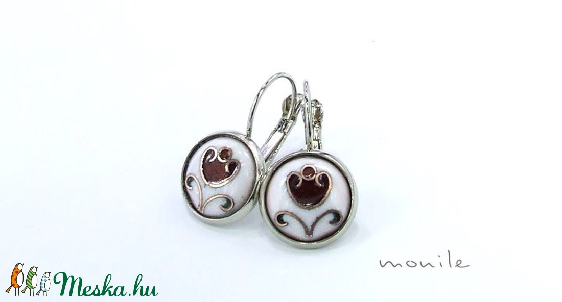 Virágos fehér-piros tűzzománc fülbevaló (kicsi) - ékszer - fülbevaló - Meska.hu