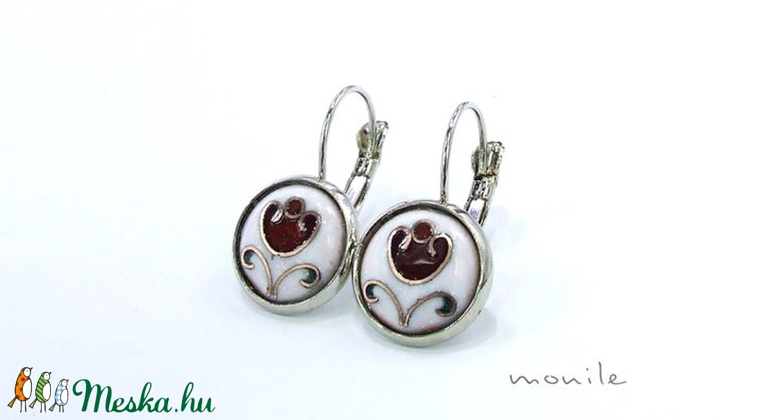 Virágos fehér-piros tűzzománc fülbevaló (kicsi) - ékszer - fülbevaló - Meska.hu