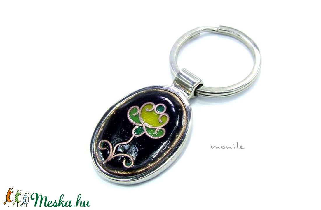 Virágos fekete-zöld tűzzománc kulcstartó - táska & tok - kulcstartó & táskadísz - Meska.hu