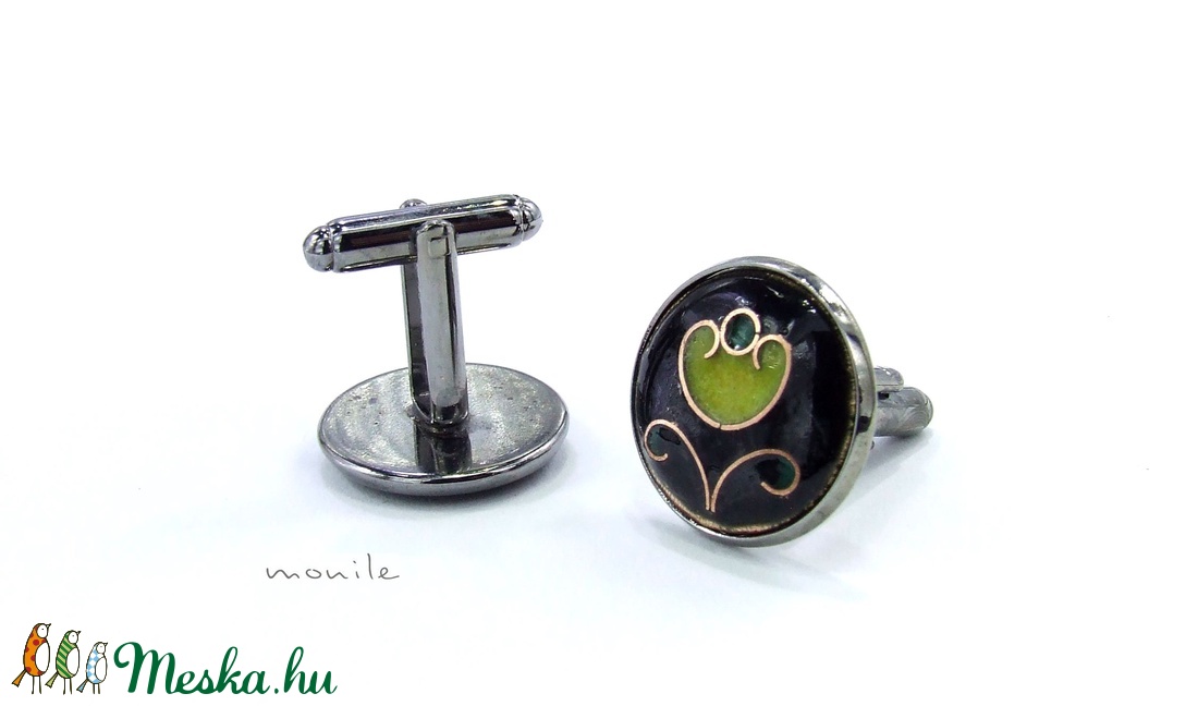 Mandzsettagomb - virágos fekete-zöld tűzzománc - ékszer - mandzsettagomb - Meska.hu