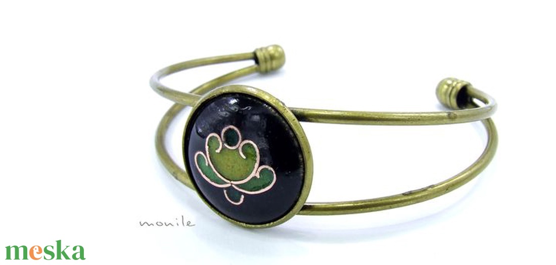 Virágos fekete-zöld tűzzománc karperec - ékszer - karkötő - karperec - Meska.hu