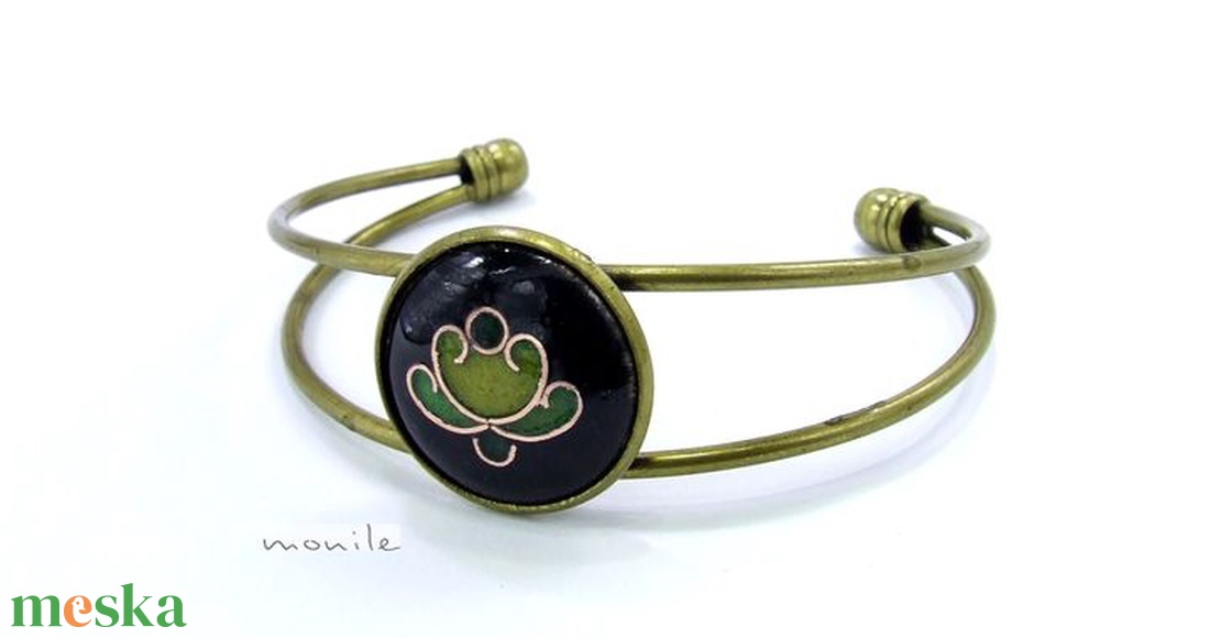 Virágos fekete-zöld tűzzománc karperec - ékszer - karkötő - karperec - Meska.hu