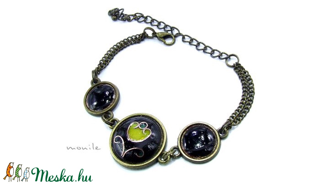 Virágos fekete-zöld tűzzománc karkötő - ékszer - karkötő - lánc karkötő - Meska.hu