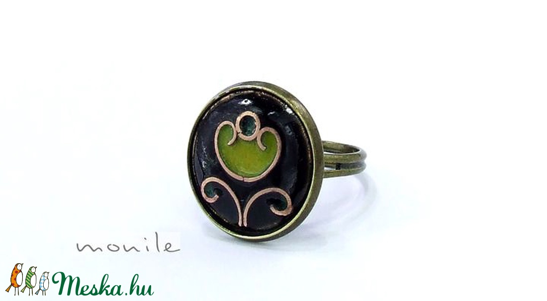 Virágos fekete-zöld tűzzománc gyűrű - ékszer - gyűrű - statement gyűrű - Meska.hu