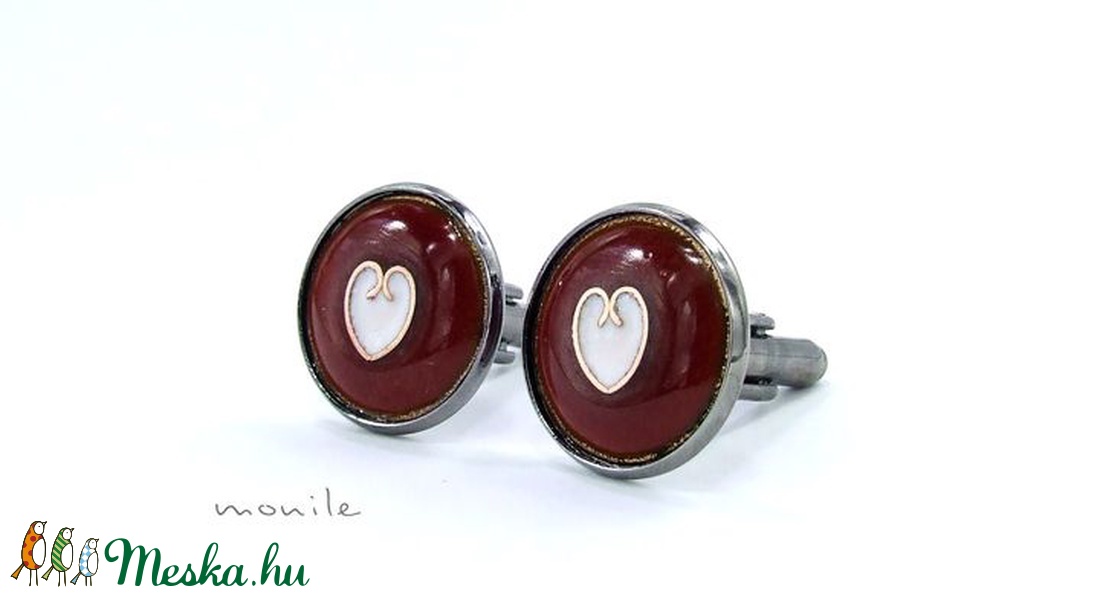 Mandzsettagomb - bordó-fehér szíves tűzzománc -  - Meska.hu