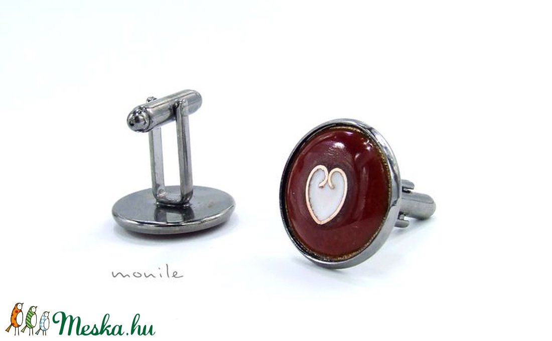 Mandzsettagomb - bordó-fehér szíves tűzzománc -  - Meska.hu