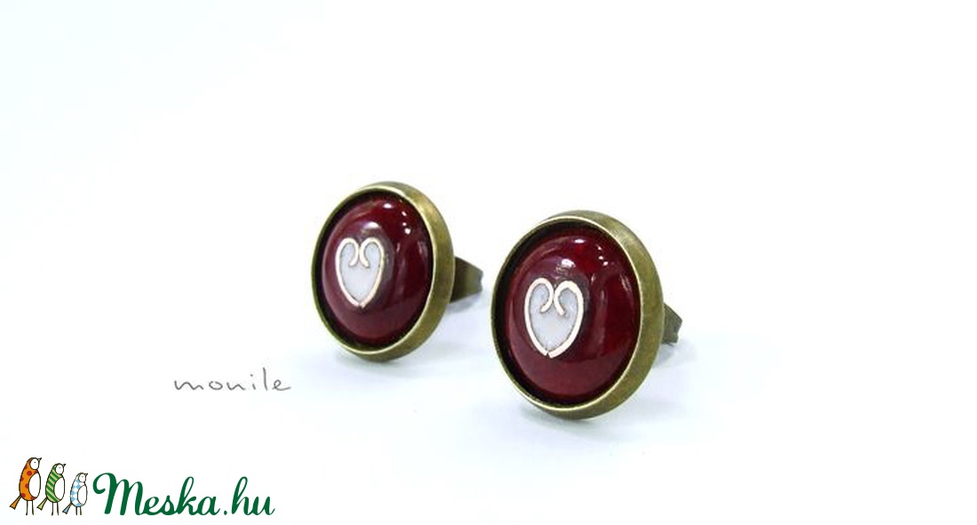 Bedugós tűzzománc fülbevaló - szíves bordó-fehér -  - Meska.hu