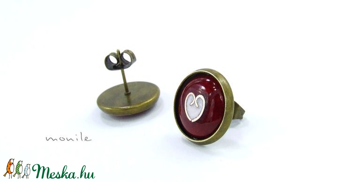 Bedugós tűzzománc fülbevaló - szíves bordó-fehér -  - Meska.hu
