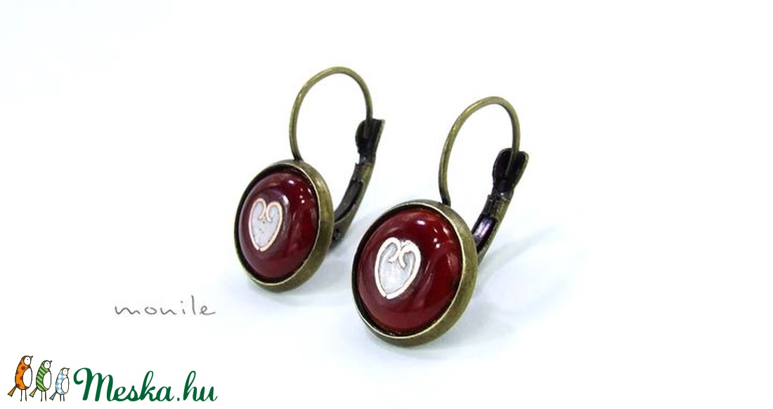 Tűzzománc fülbevaló - szíves piros-fehér -  - Meska.hu