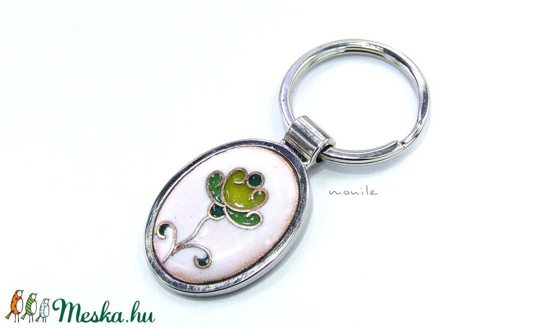 Virágos fehér-zöld tűzzománc kulcstartó - táska & tok - kulcstartó & táskadísz - Meska.hu