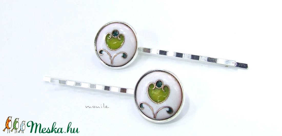 Virágos fehér-zöld tűzzománc hajcsat - ruha & divat - hajdísz & hajcsat - hajcsat & hajtű - Meska.hu