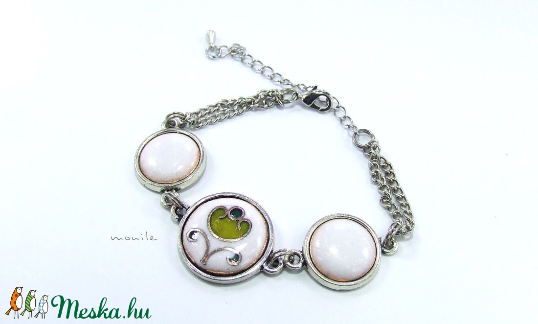 Virágos fehér-zöld tűzzománc karkötő - ékszer - karkötő - lánc karkötő - Meska.hu