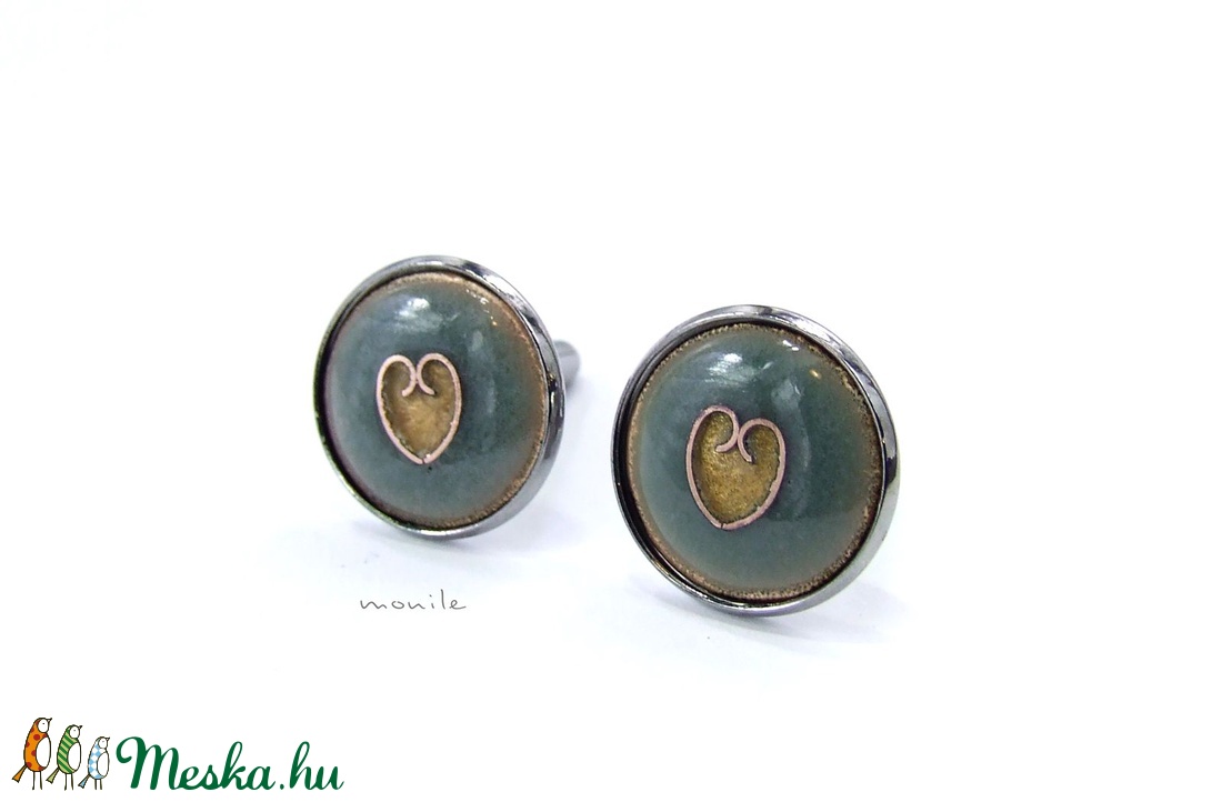 Mandzsettagomb - szíves pisztáciazöld tűzzománc - esküvő - ékszer - mandzsettagomb & nyakkendőtű - Meska.hu