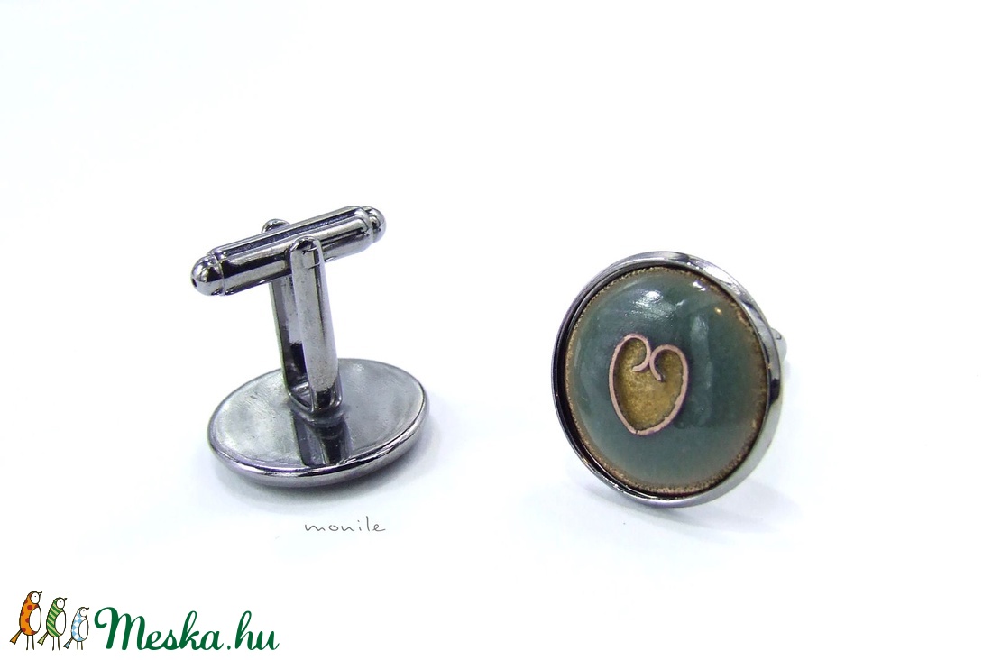 Mandzsettagomb - szíves pisztáciazöld tűzzománc - esküvő - ékszer - mandzsettagomb & nyakkendőtű - Meska.hu