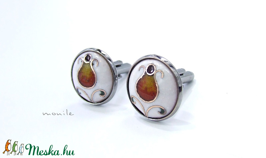 Mandzsettagomb - virágos fehér-narancs tűzzománc -  - Meska.hu