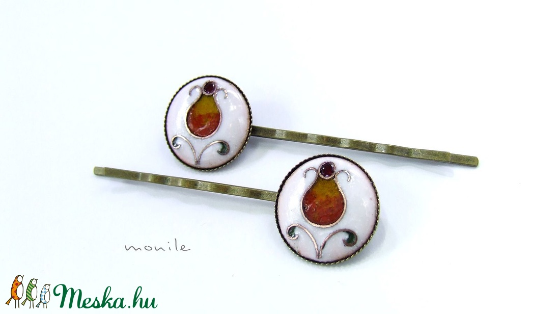 Virágos fehér-narancs tűzzománc hajcsat -  - Meska.hu