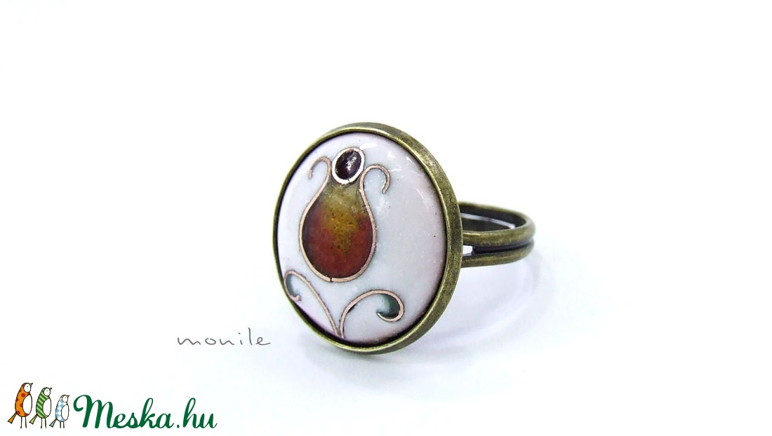 Virágos fehér-narancs tűzzománc gyűrű - ékszer - gyűrű - Meska.hu