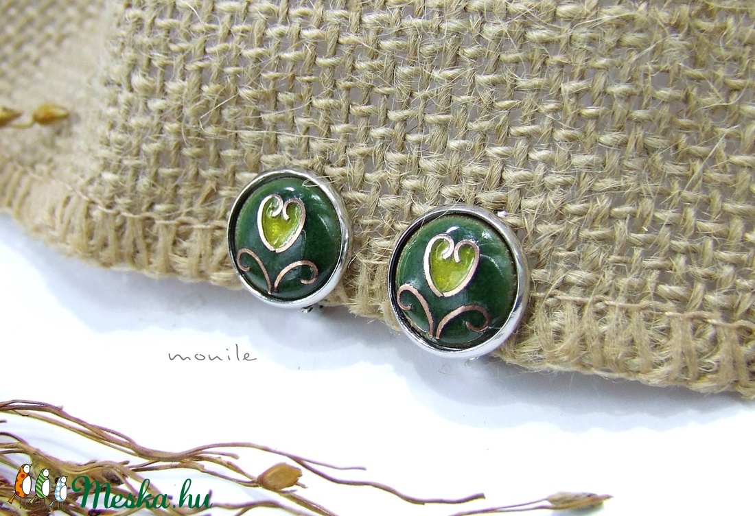 Klipsz tűzzománc fülbevaló - tulipános zöld-sárga -  - Meska.hu