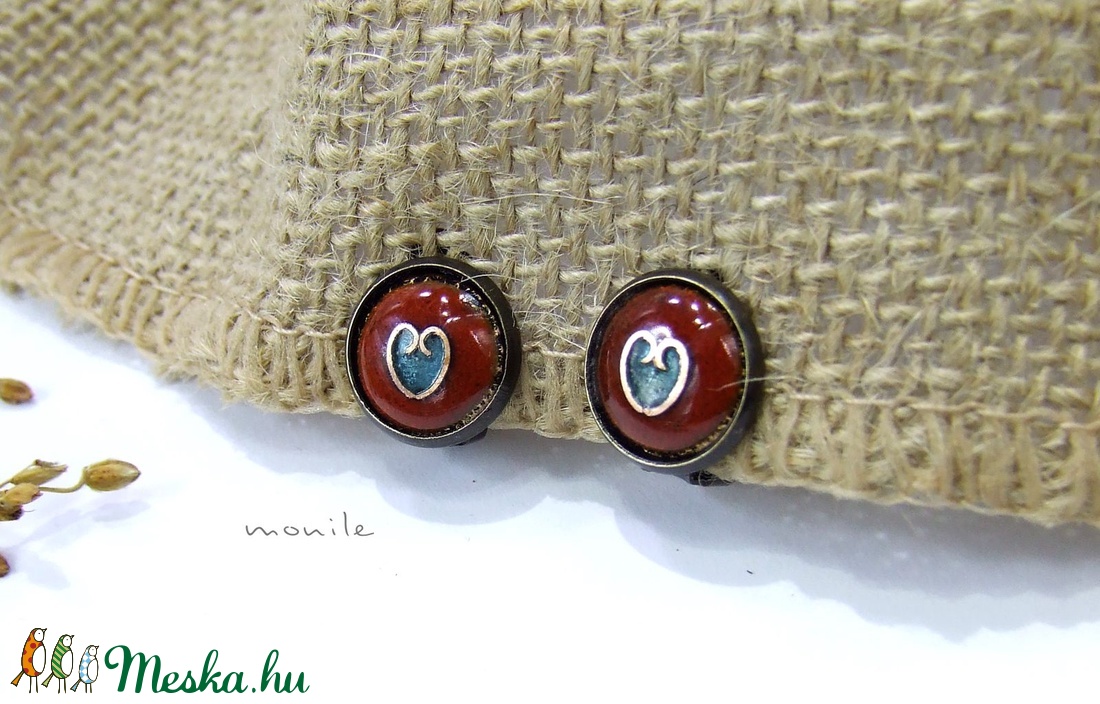 Klipsz tűzzománc fülbevaló - szíves narancs-türkiz -  - Meska.hu