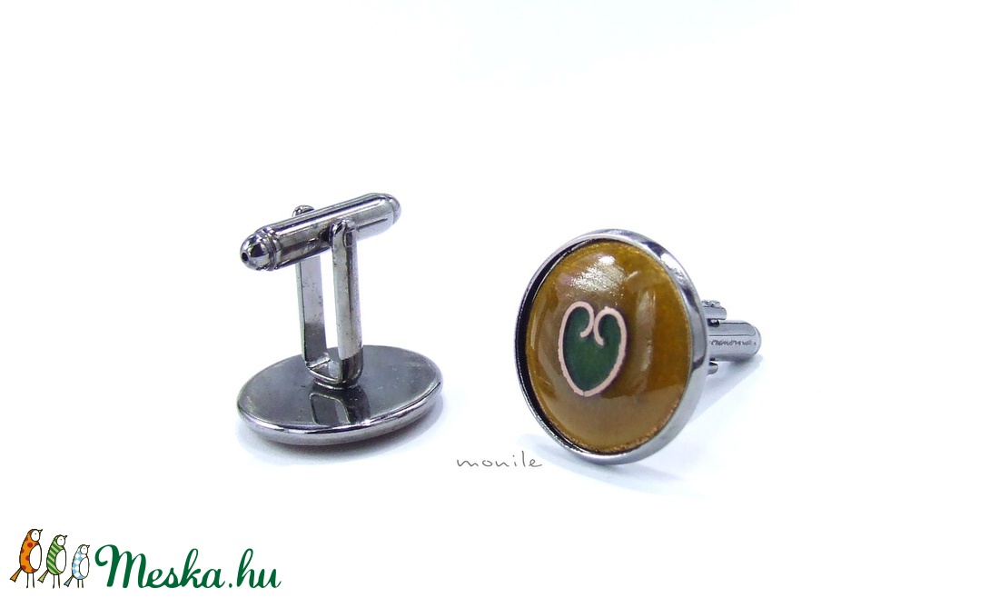 Mandzsettagomb - mustársárga-zöld szíves tűzzománc - ékszer - mandzsettagomb - Meska.hu