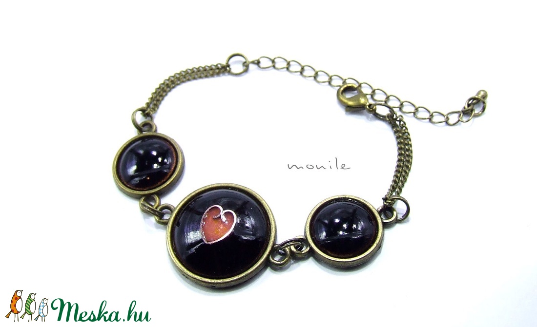 Szíves fekete-rózsaszín tűzzománc karkötő - ékszer - karkötő - karkötő medállal - Meska.hu