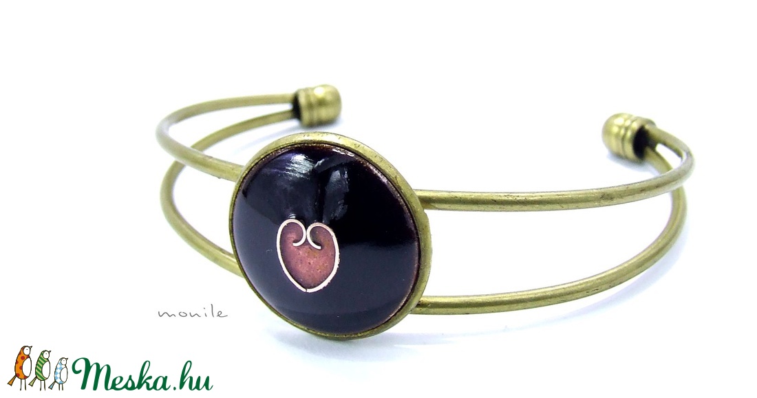 Szíves fekete-rózsaszín tűzzománc karperec - ékszer - karkötő - karperec - Meska.hu