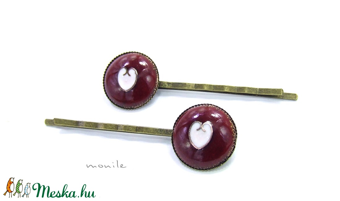 Szíves bordó-fehér tűzzománc hajcsat -  - Meska.hu