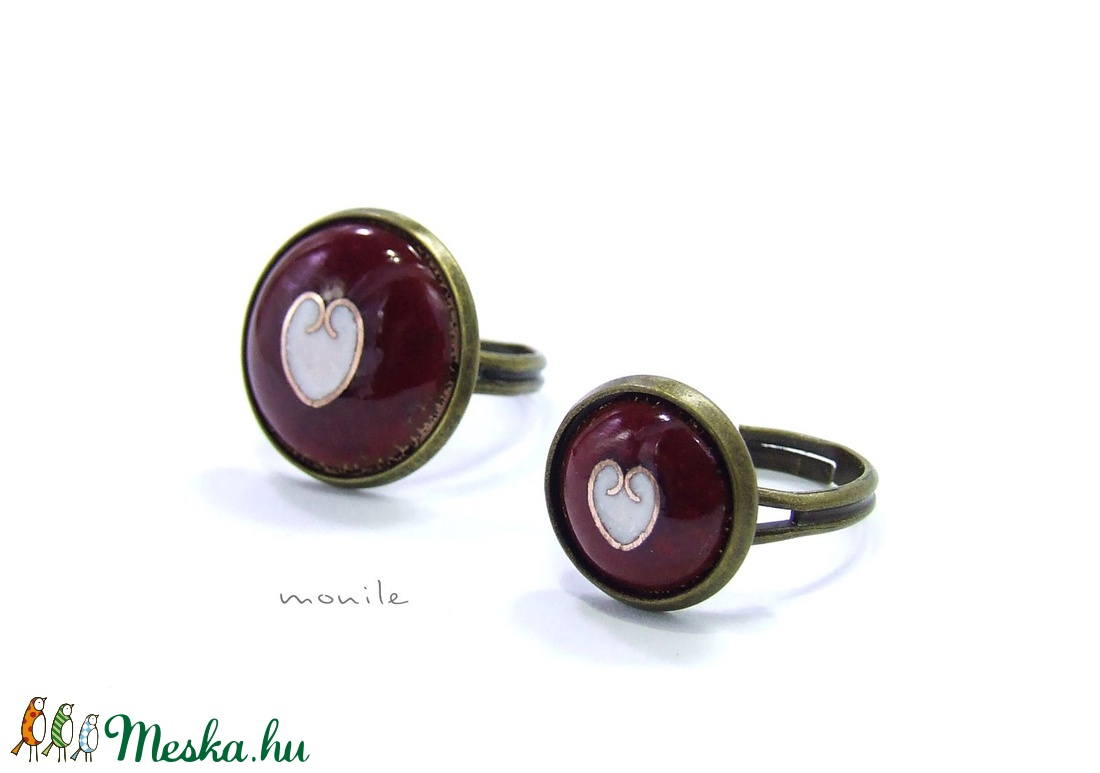 Szíves bordó-fehér tűzzománc gyűrű -  - Meska.hu