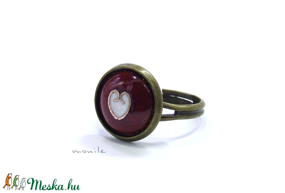 Szíves bordó-fehér tűzzománc gyűrű -  - Meska.hu