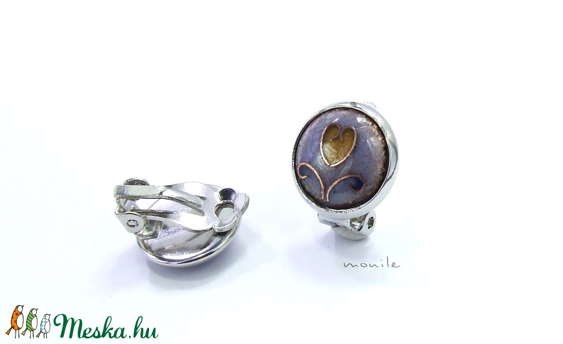 Klipsz tűzzománc fülbevaló - tulipános levendulakék-barna - ékszer - fülbevaló - klipsz - Meska.hu