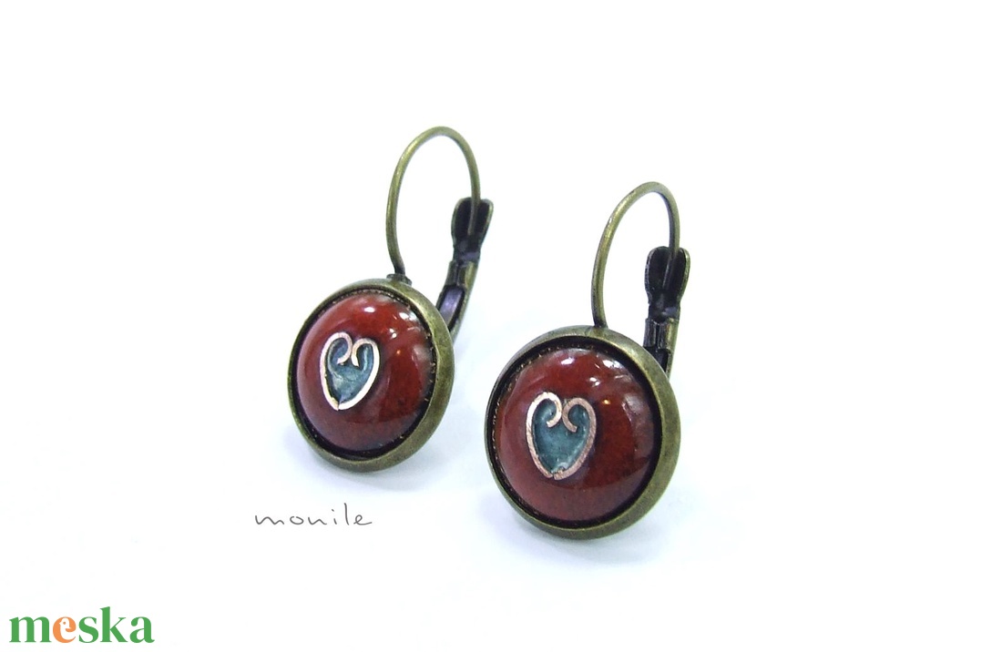 Szíves narancs-türkiz tűzzománc fülbevaló - ékszer - fülbevaló - lógós kerek fülbevaló - Meska.hu