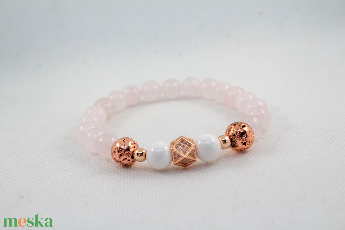 Rózsakvarc cirkónia karkötő - ékszer - karkötő - charm karkötő - Meska.hu