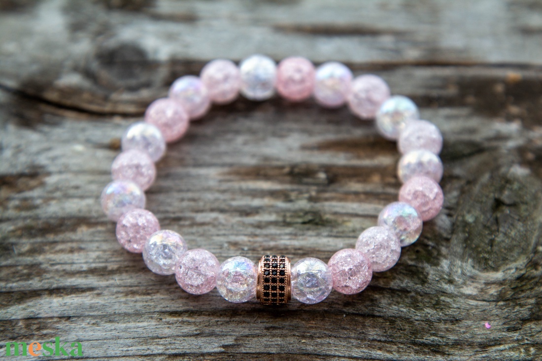 Rózsaszín aurakvarc karkötő cirkóniával - ékszer - karkötő - gyöngyös karkötő - Meska.hu