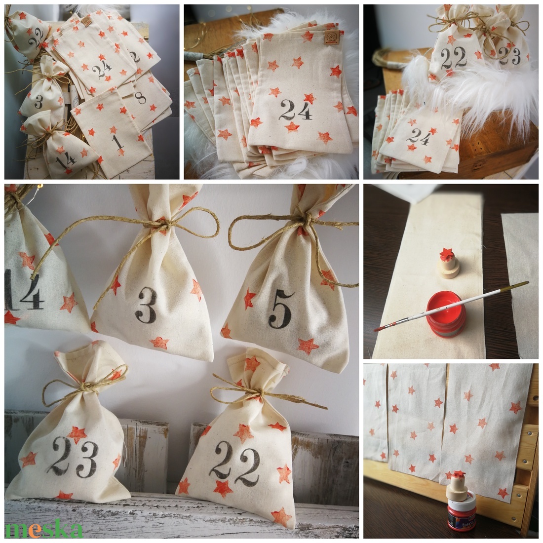 Adventi zsák, kézzel nyomott mintás 12x18 cm -es dekorációs szett - adventi számokkal - narancsos piros - karácsony - adventi díszek - adventi naptár - Meska.hu Adventi zsák, kézzel nyomott mintás 12x18 cm -es dekorációs szett - adventi számokkal - narancsos piros - karácsony - adventi díszek - adventi naptár - Meska.hu
