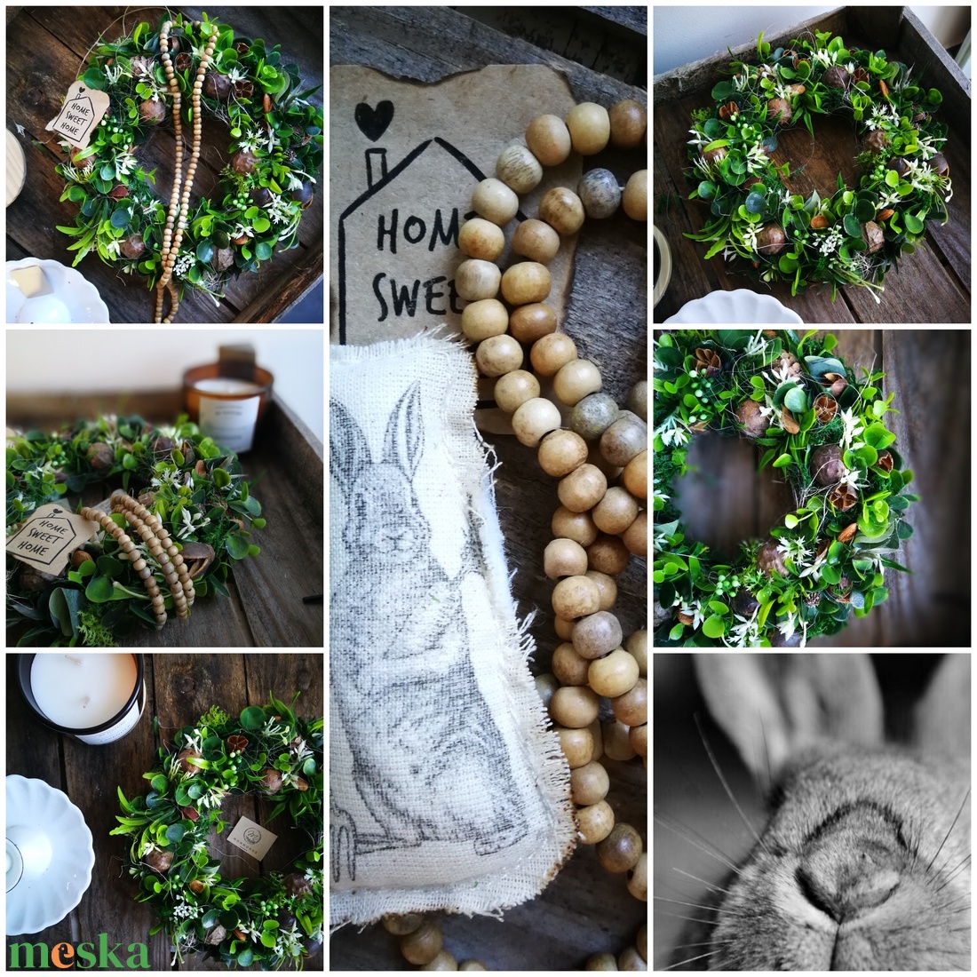 Tavaszi zöld növényes kézműves dekoráció, nyuszival - 27 cm - otthon & életmód - dekoráció - ajtó- és ablak dekoráció - ajtódísz & kopogtató - Meska.hu